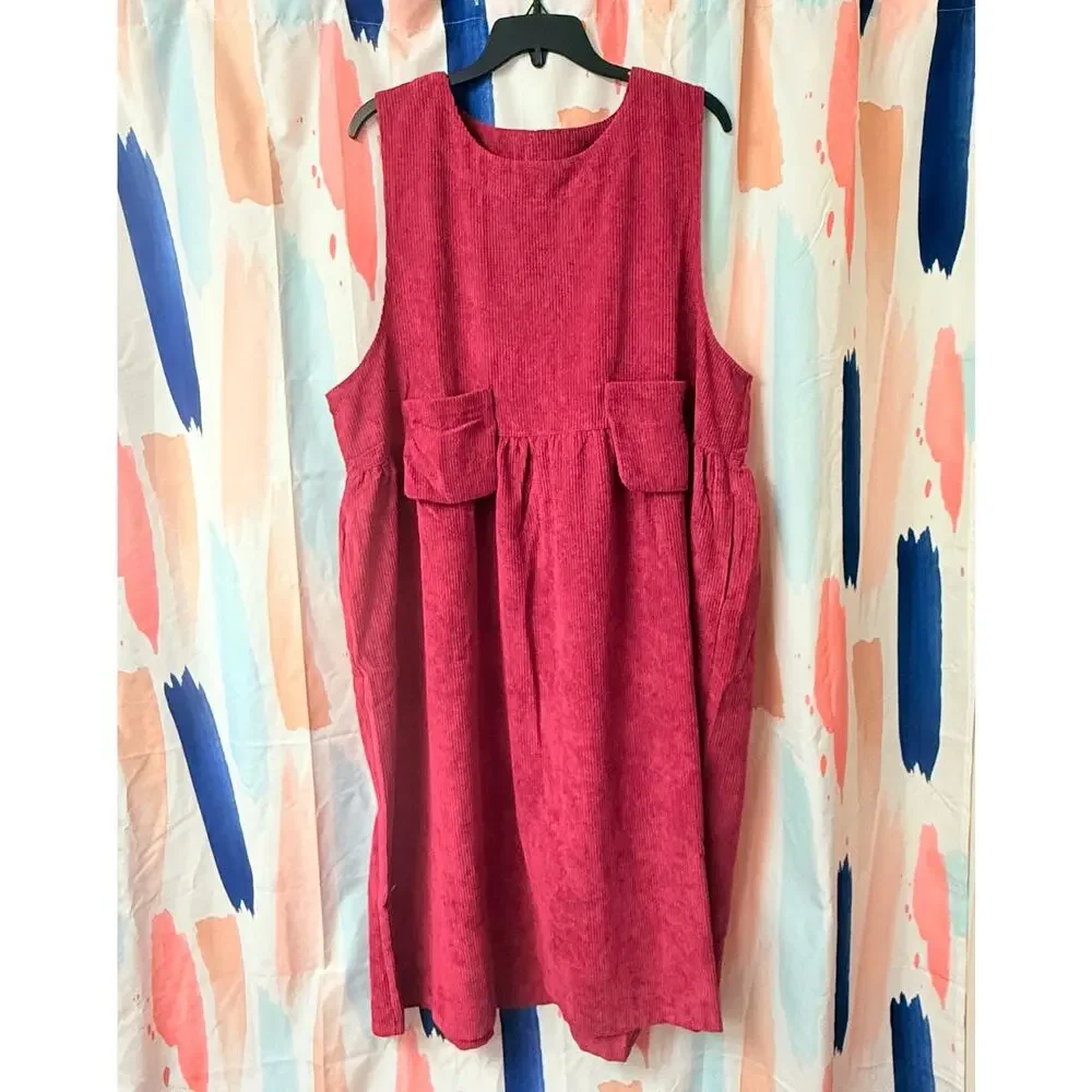 NWOT Zenana Outfitters Magenta Corduroy Overall Pocket Sleeveless Dress Size XL - Picture 4 of 13